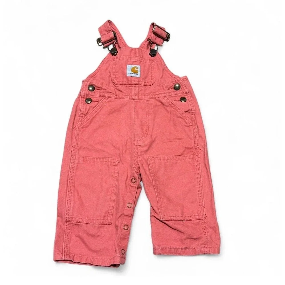 Vintage Carhartt Baby Salmon Canvas Bib Overalls 6M Snap Leg Cotton Double Knee